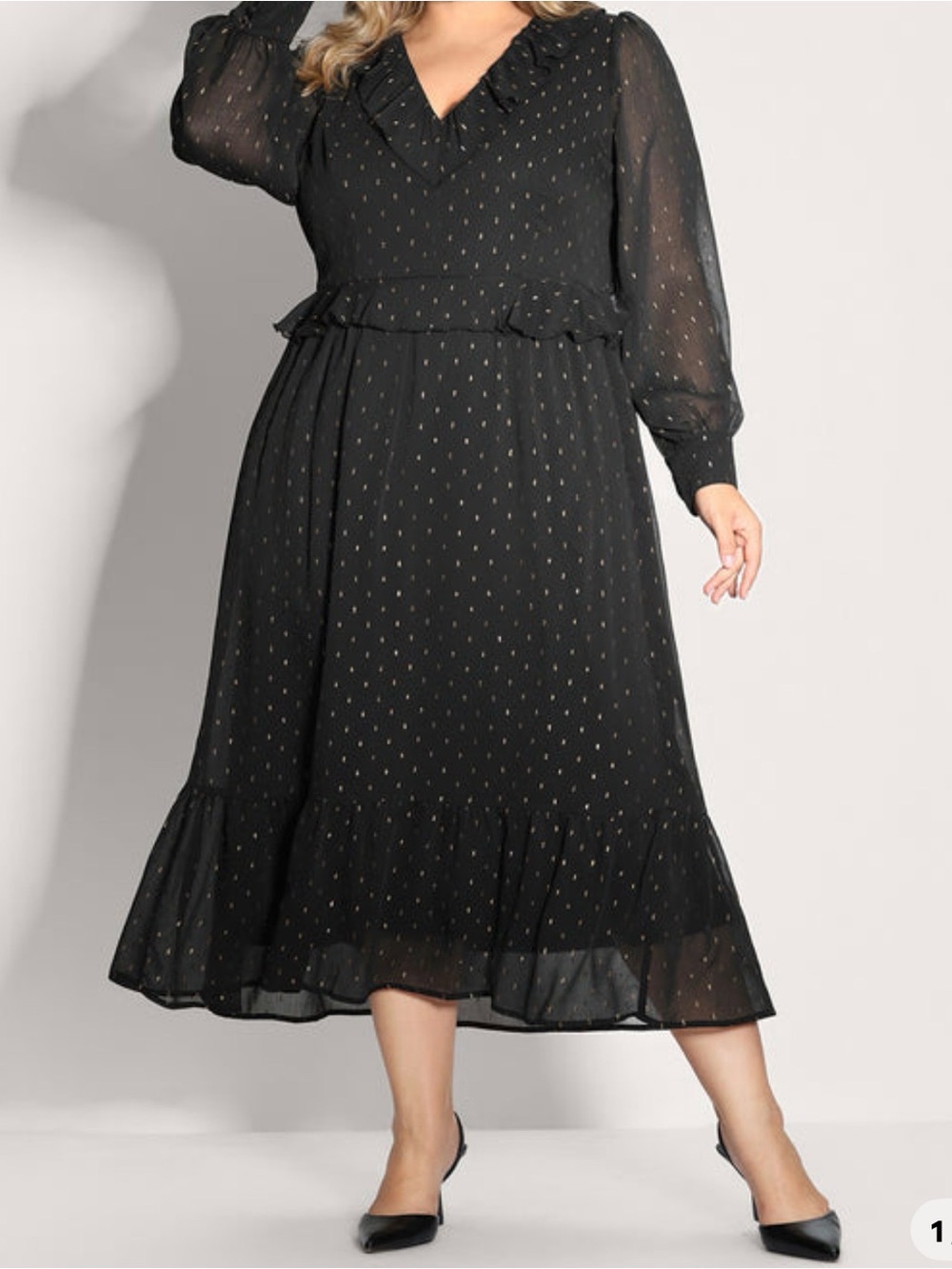 Bloomchic NWT Black Ruffle V-Neck Midi Dress with Gold Dots